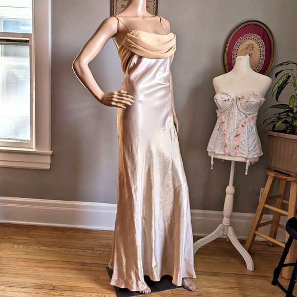 NWT Vintage 90s Let's Fashion Prom Gown Greek Goddess Cowl Gold Chiffon Size L - Picture 14 of 15